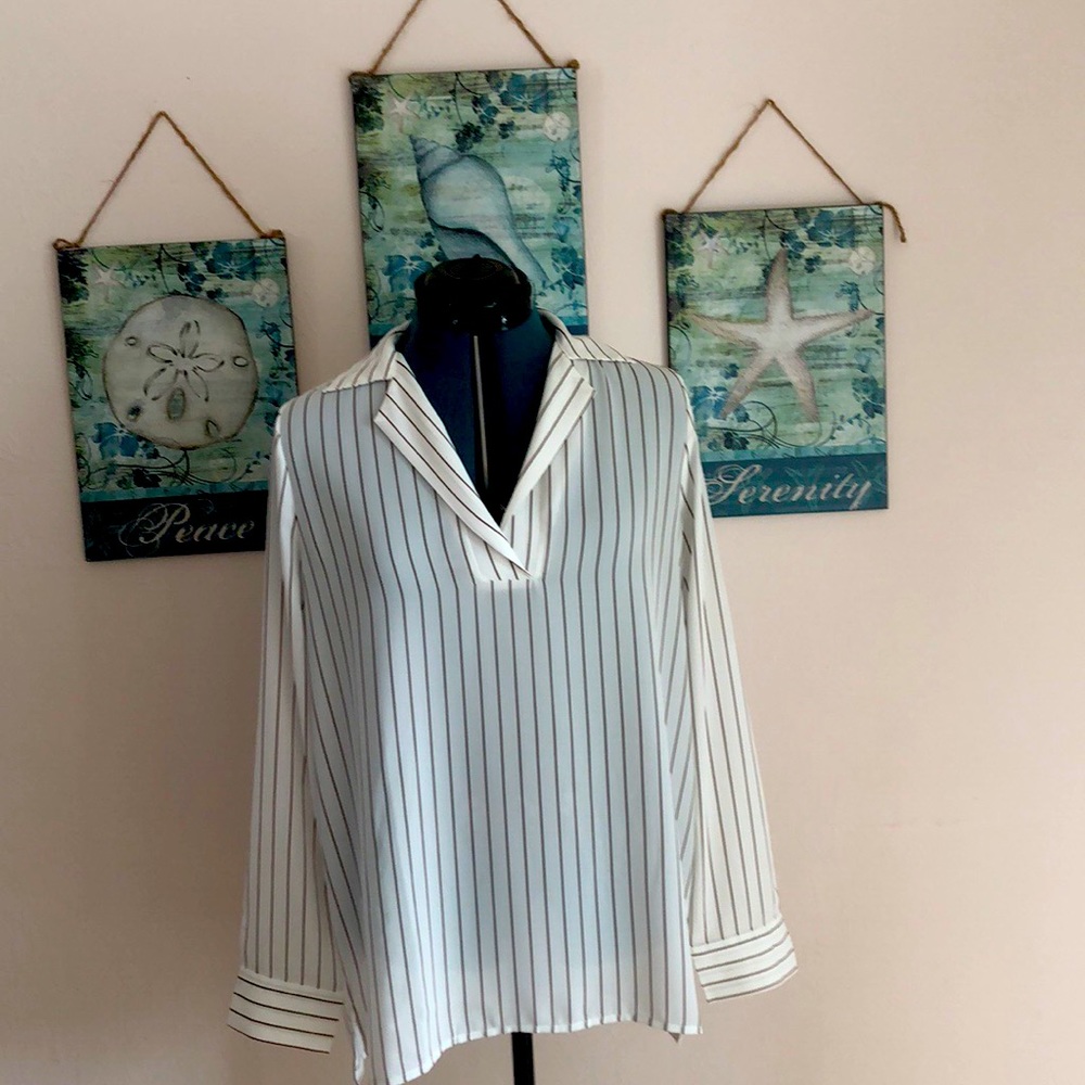 White top with brown stripes